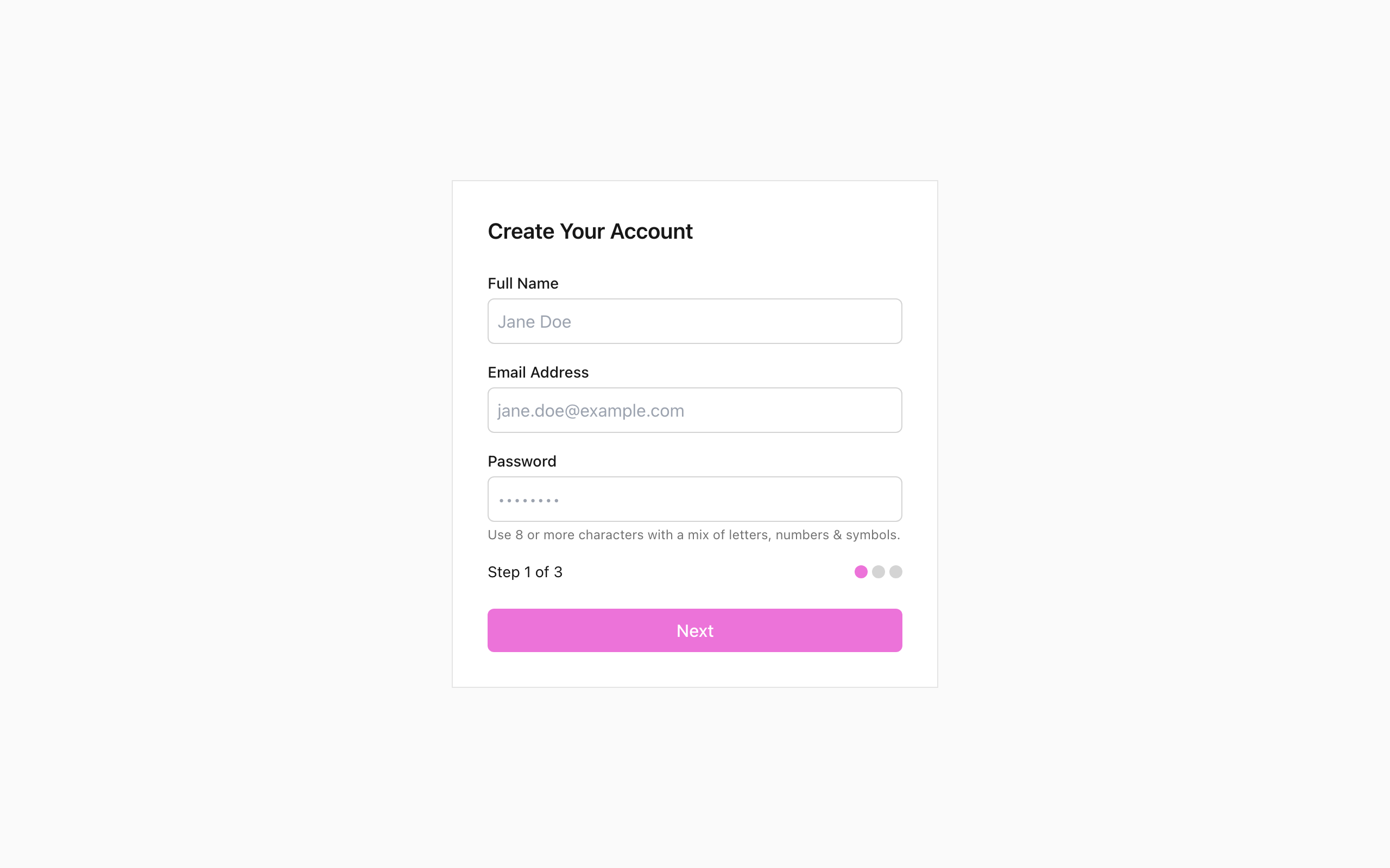 Wireframe example for Account Setup