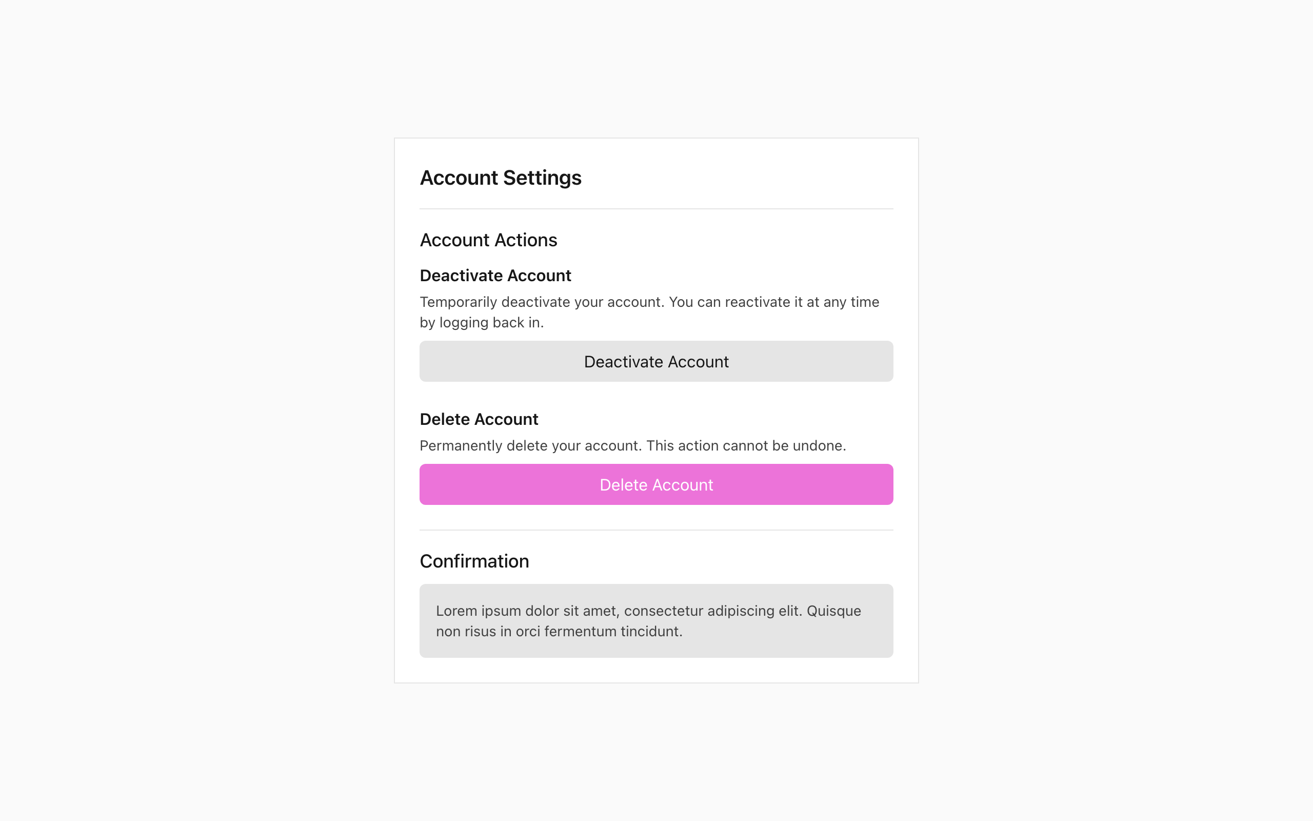 Wireframe example for Deleting & Deactivating Account