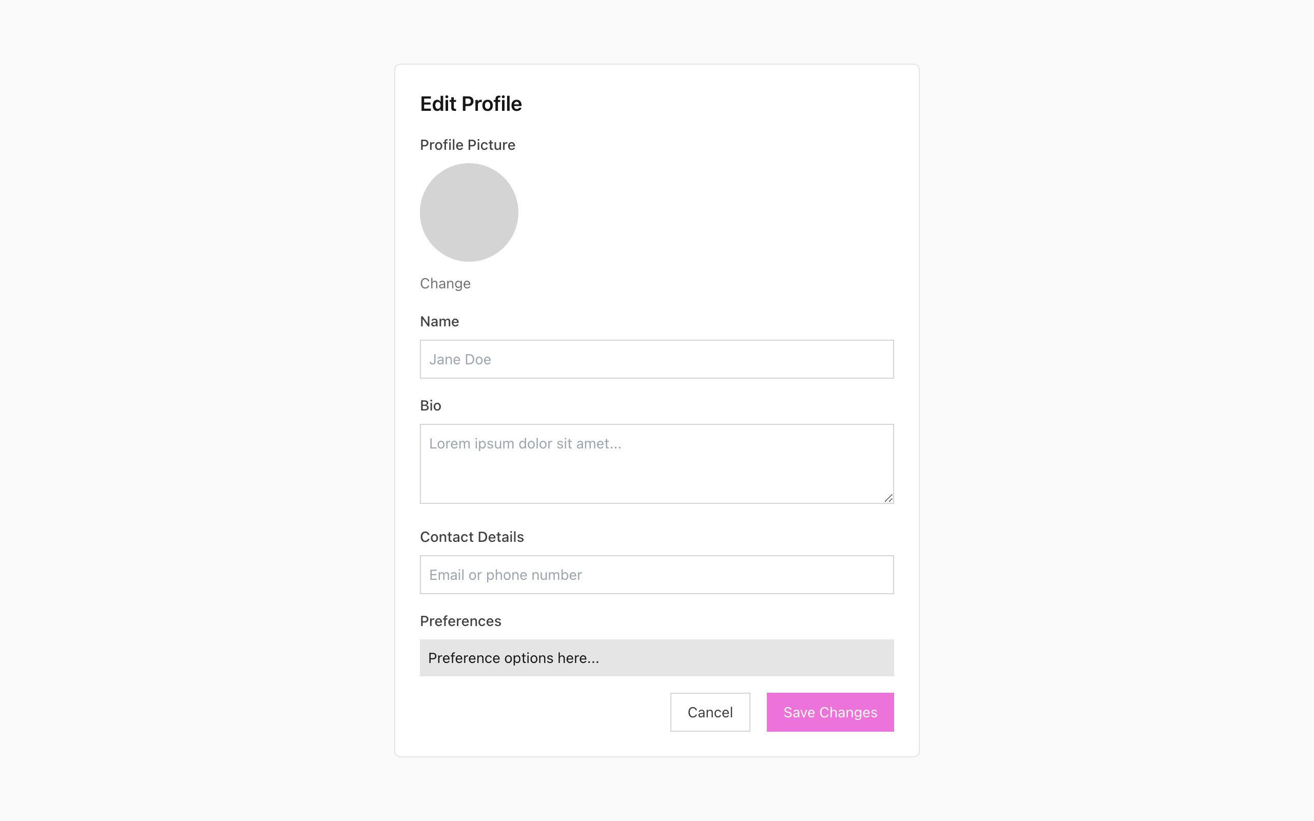 Wireframe example for Editing Profile