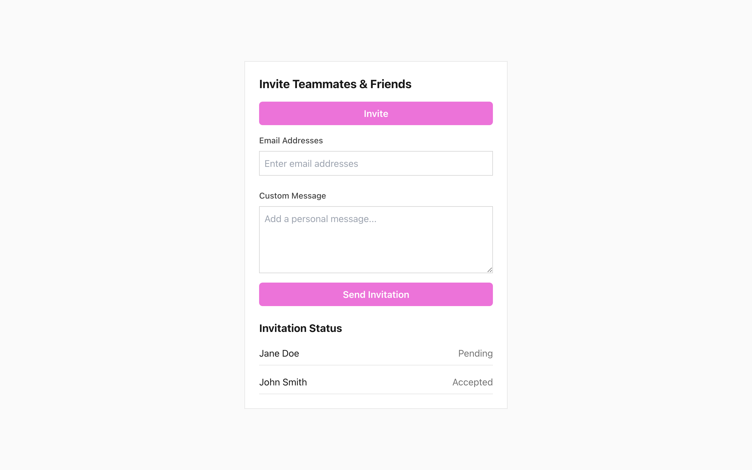 Wireframe example for Inviting Teammates & Friends