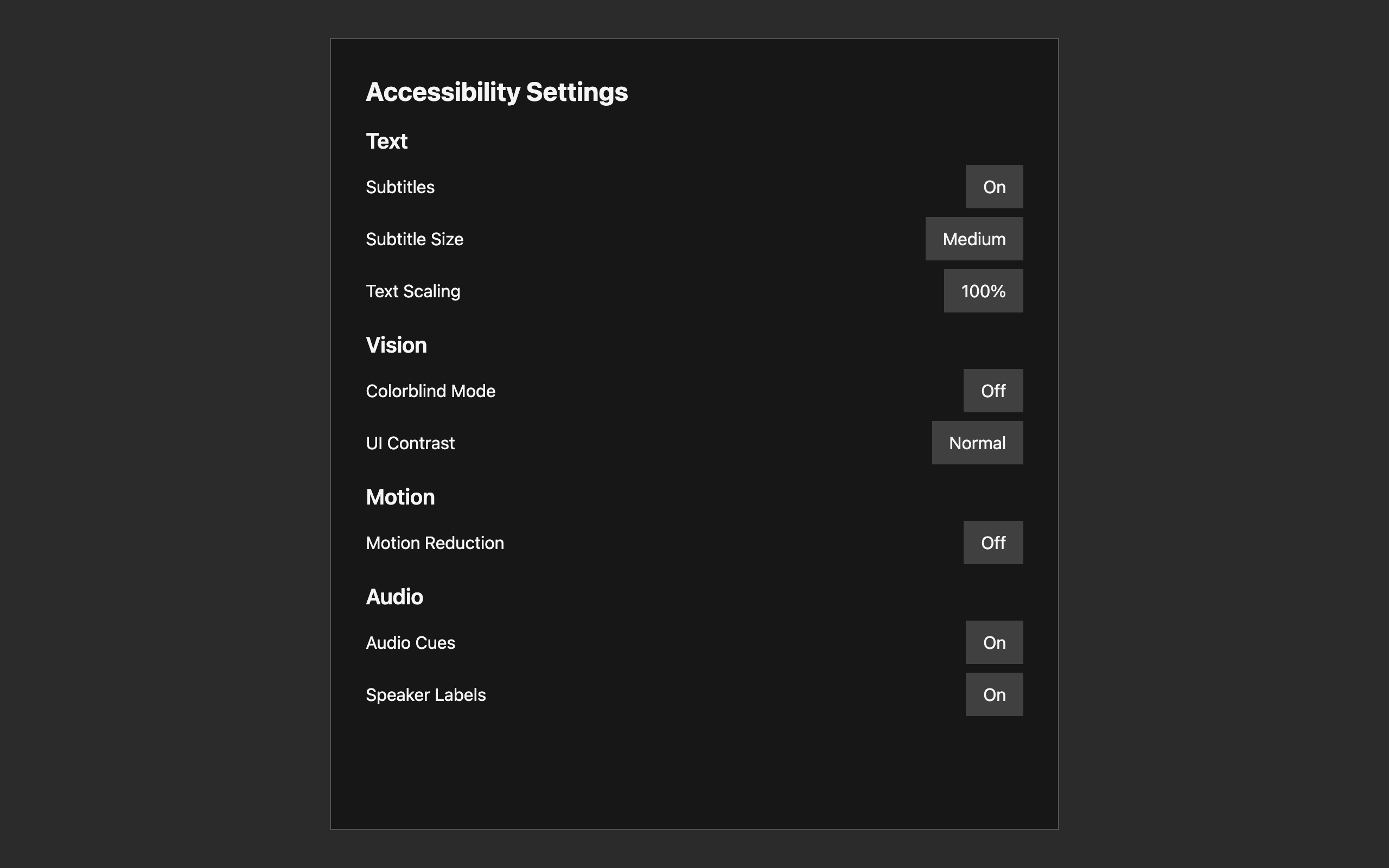 Wireframe example for Accessibility Settings Menu