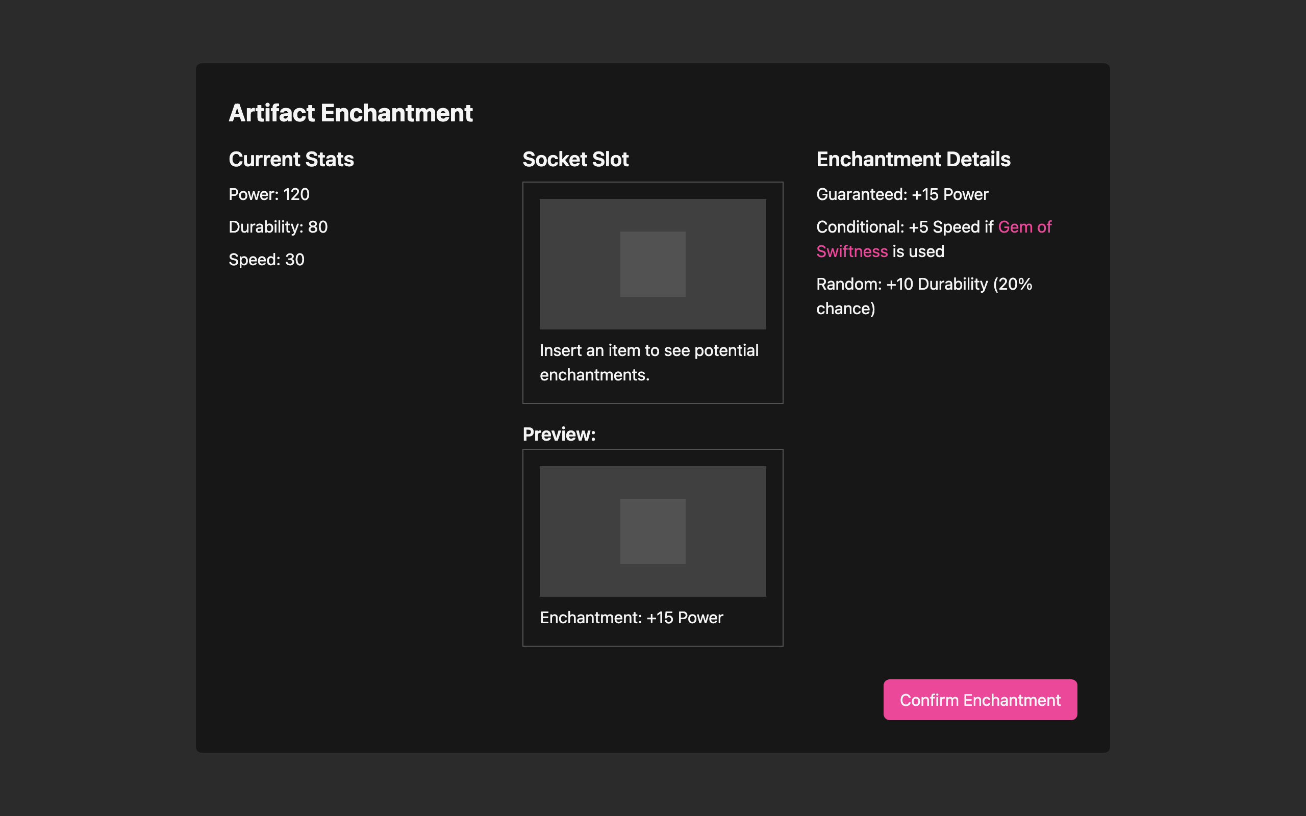 Wireframe example for Artifact Enchantment UI