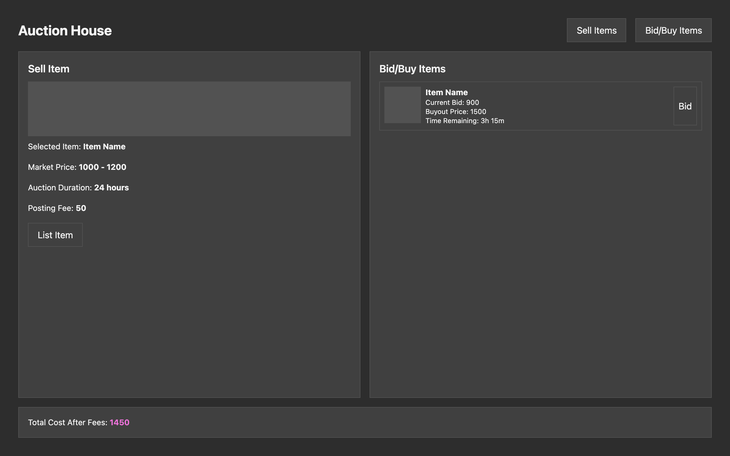 Wireframe example for Auction House Interface