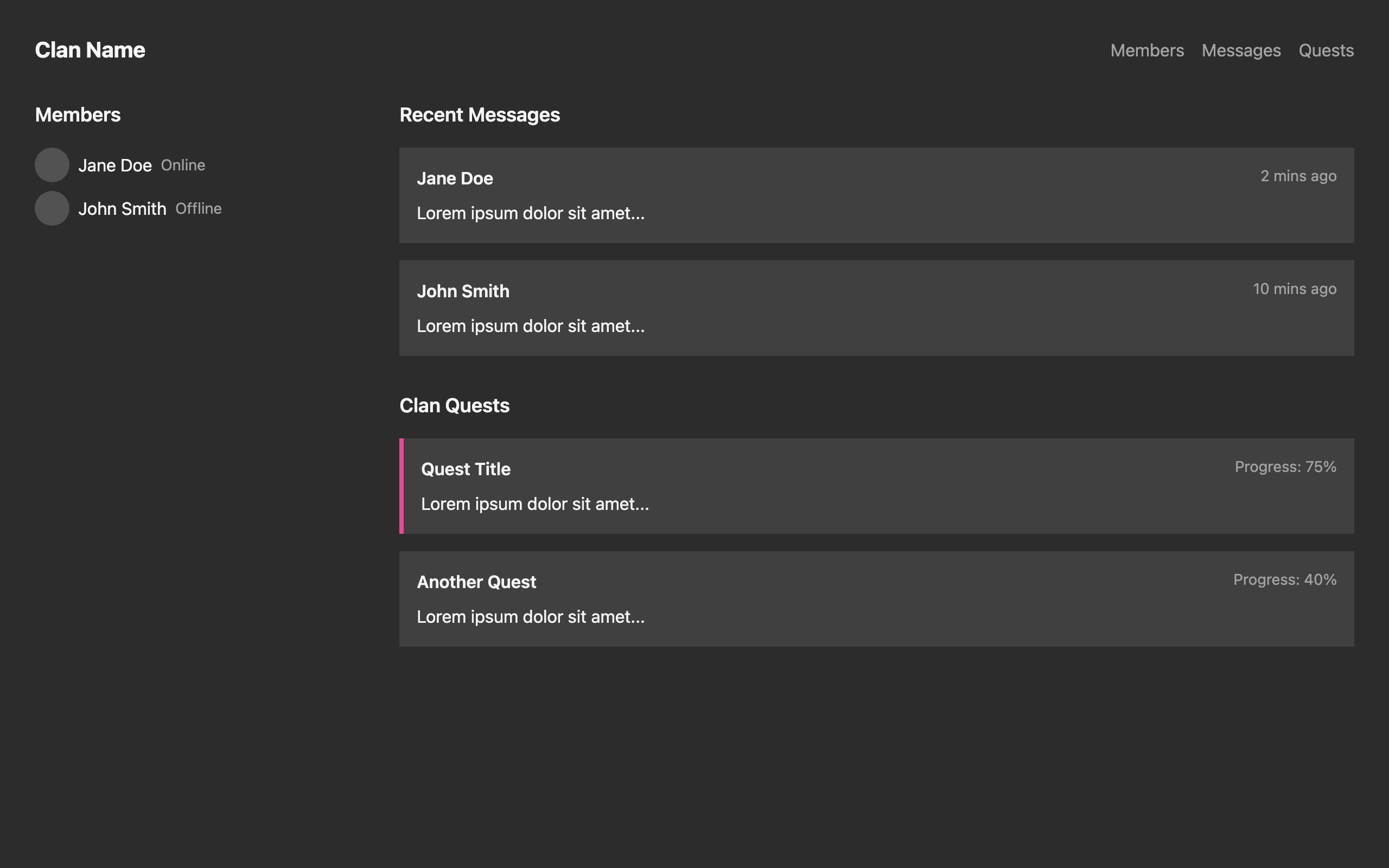 Wireframe example for Clan/Guild Hub