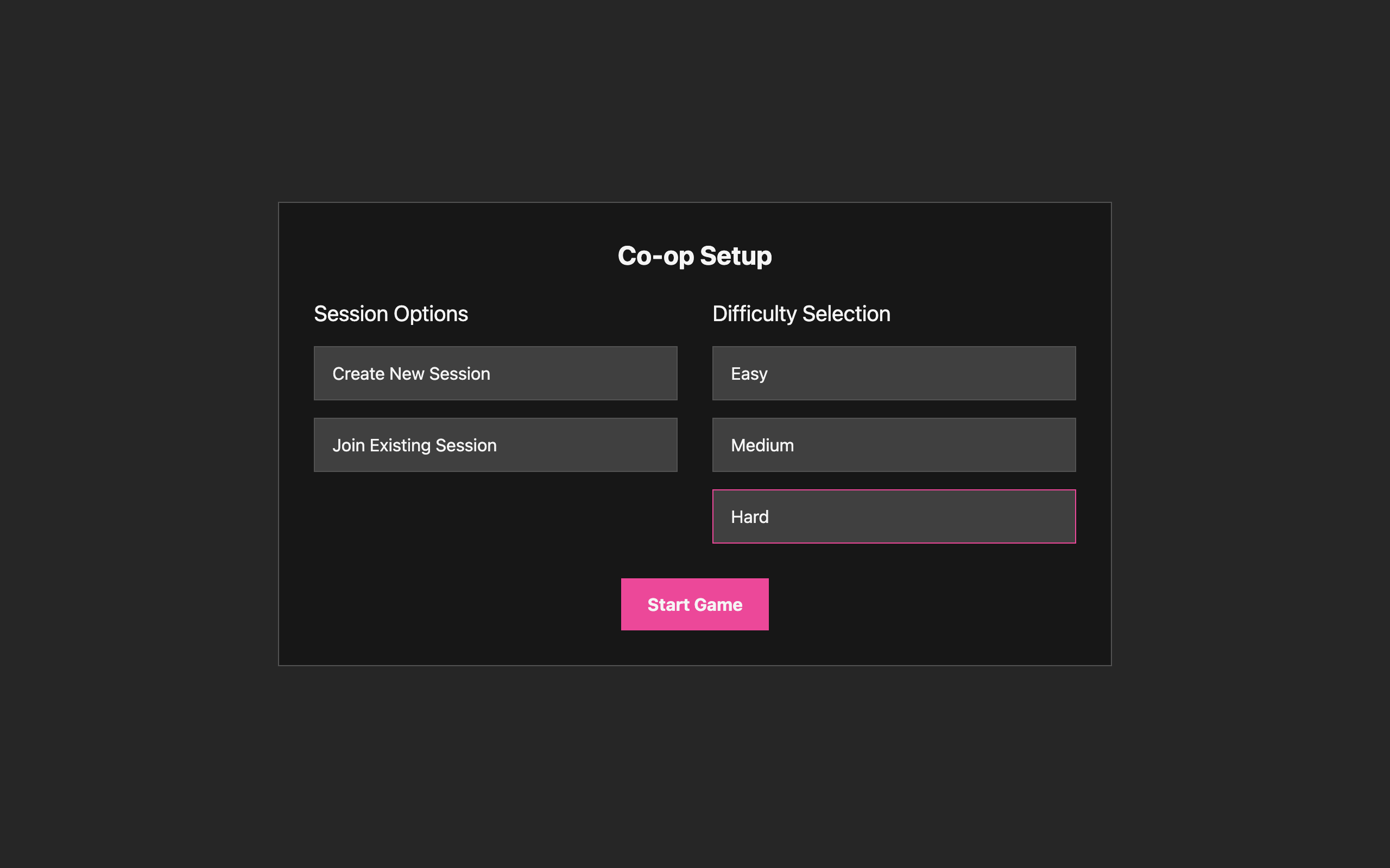 Wireframe example for Co-op Setup Screen