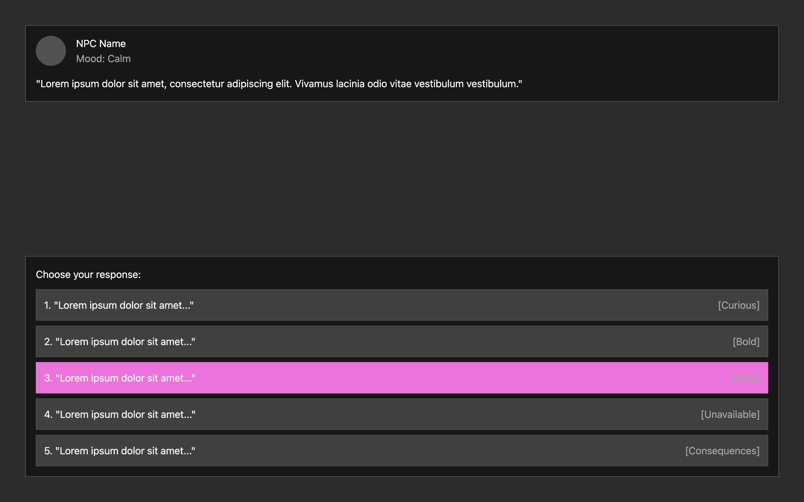 Wireframe example for Dialogue Choice Tree