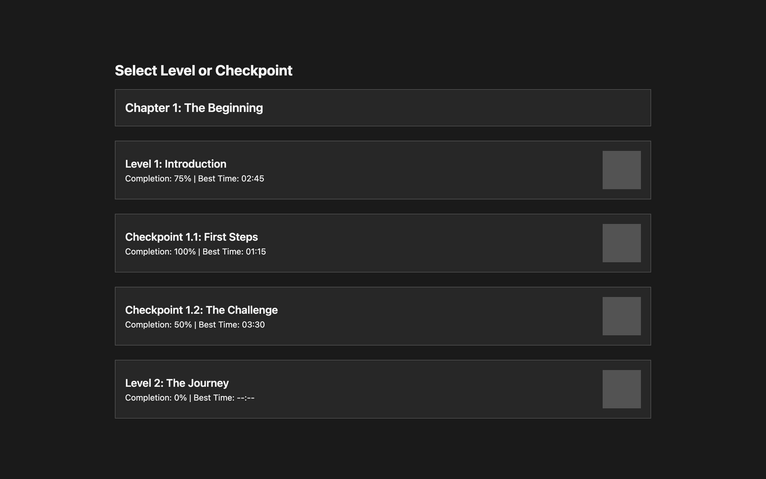 Wireframe example for Level/Checkpoint Selection