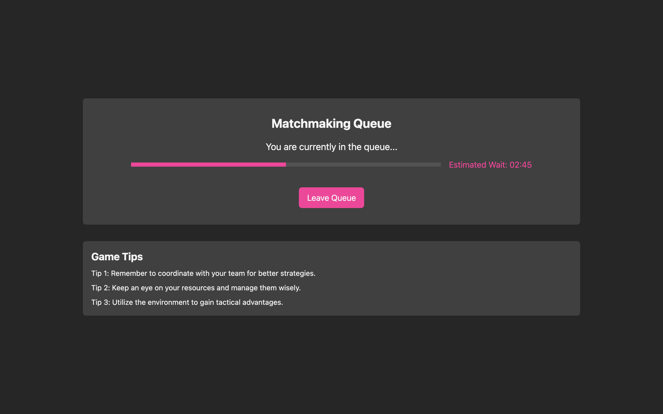 Wireframe example for Matchmaking Queue Screen