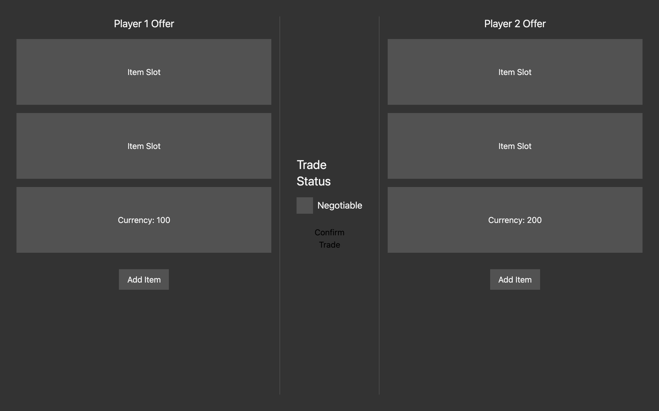 Wireframe example for Player Trade Interface
