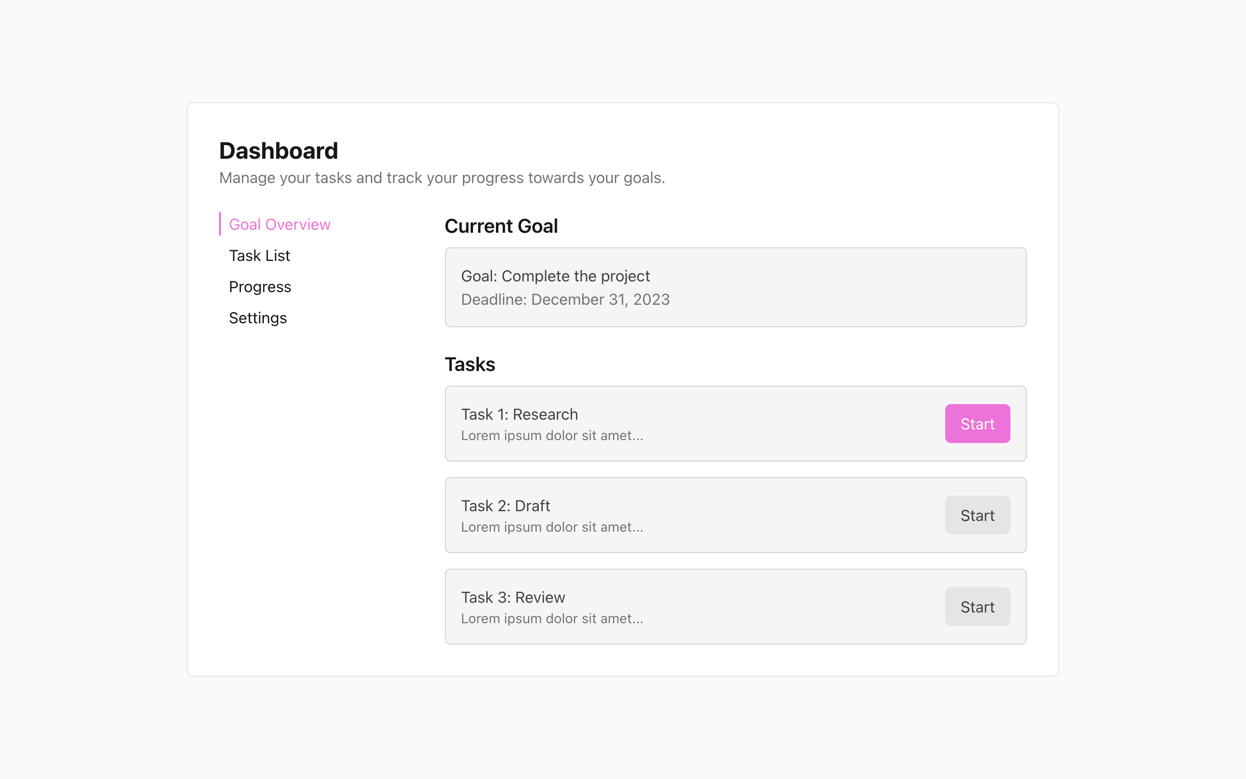 Wireframe example for Goal & Task