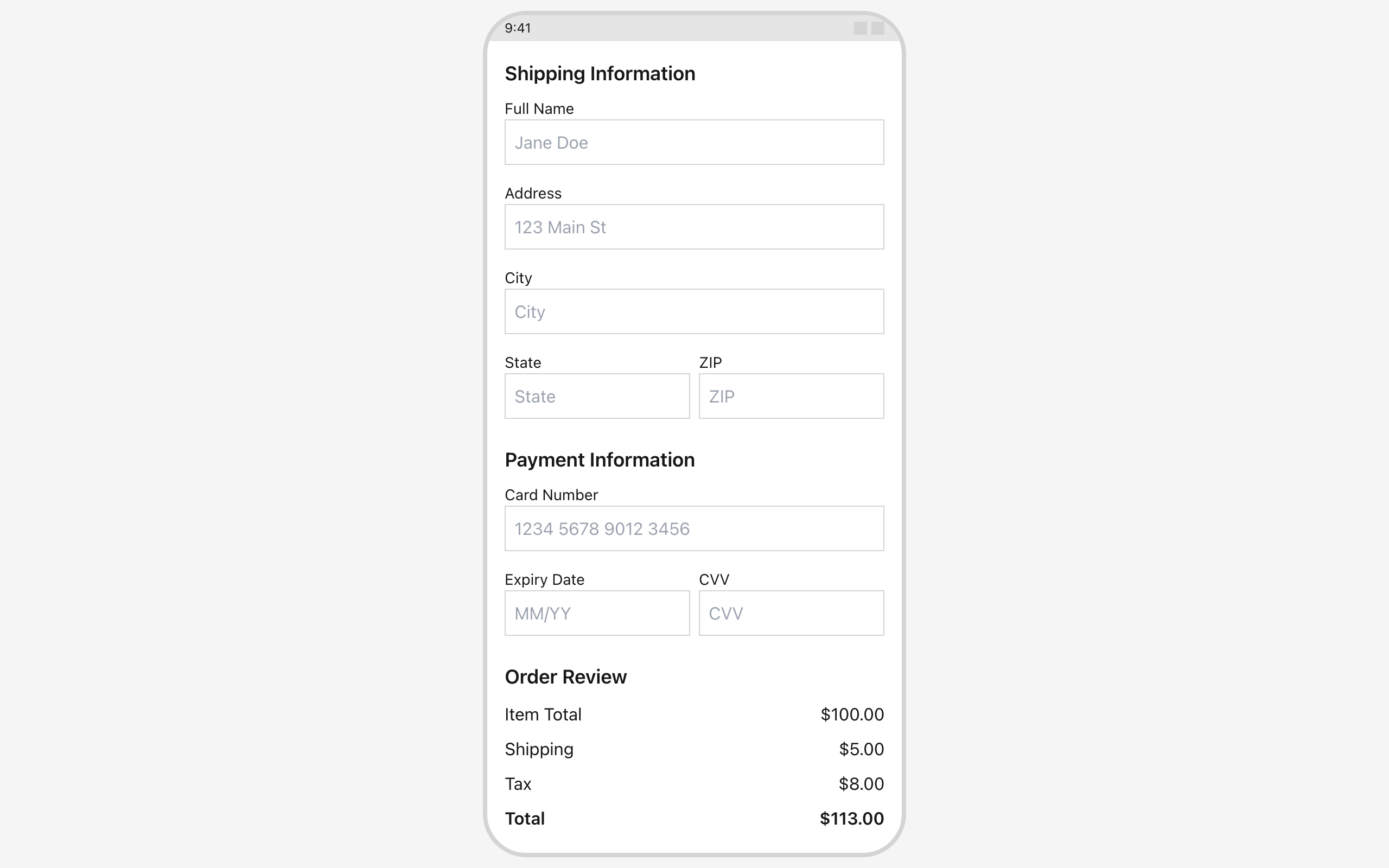 Wireframe example for E-commerce Checkout Form