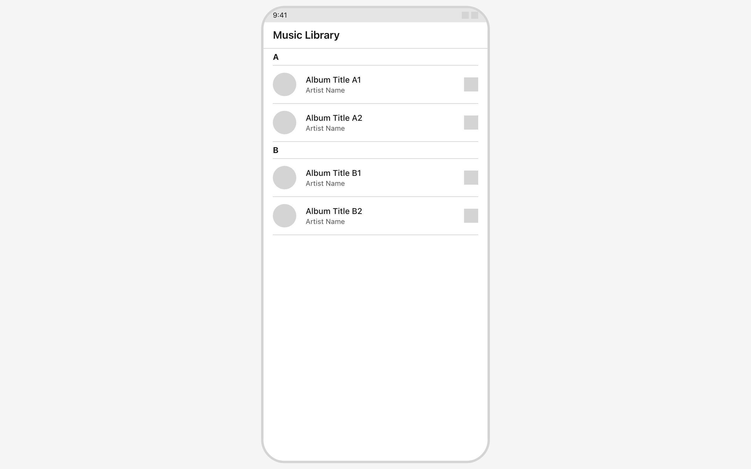 Wireframe example for Music Library Screen