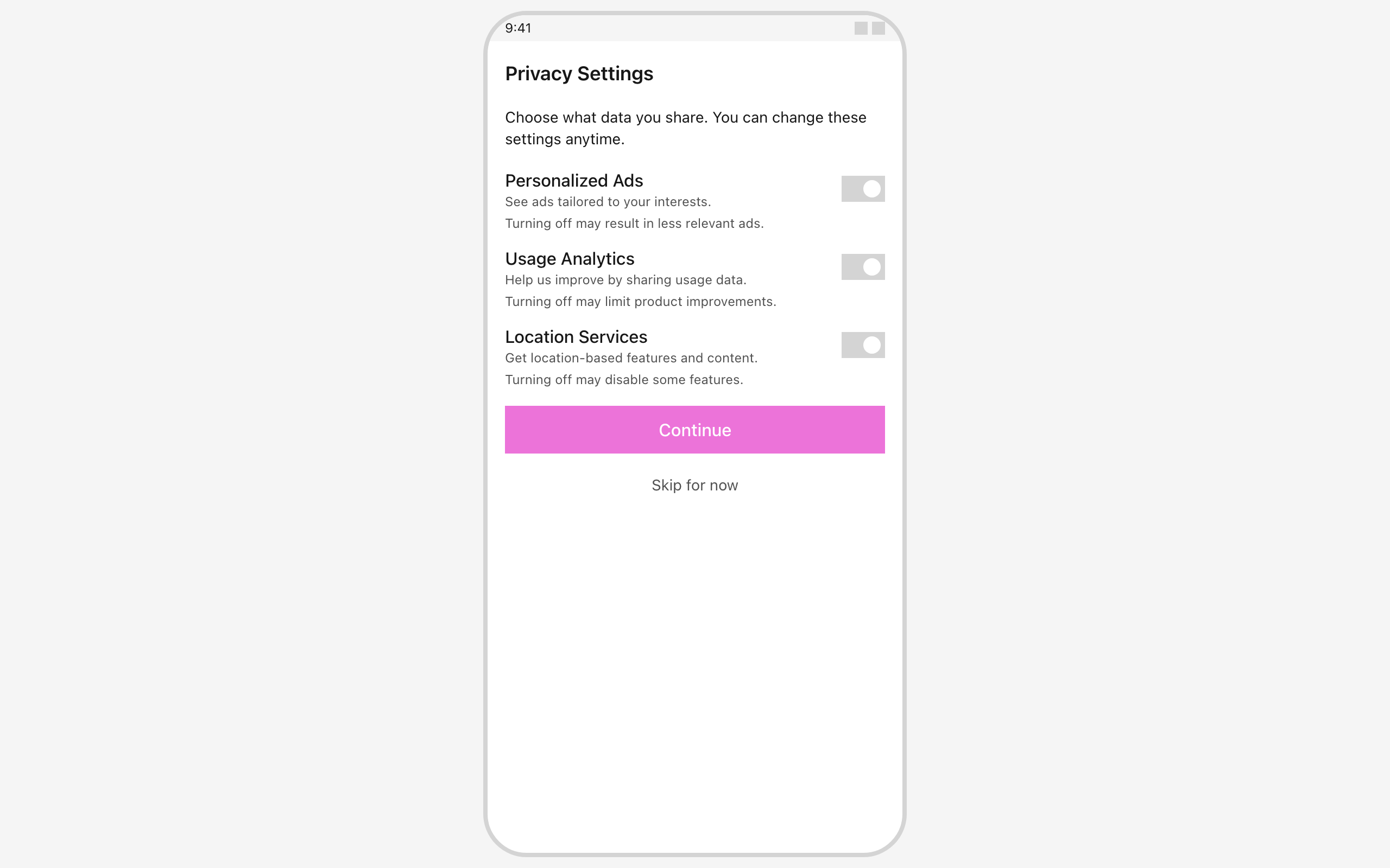 Wireframe example for Privacy Settings Onboarding