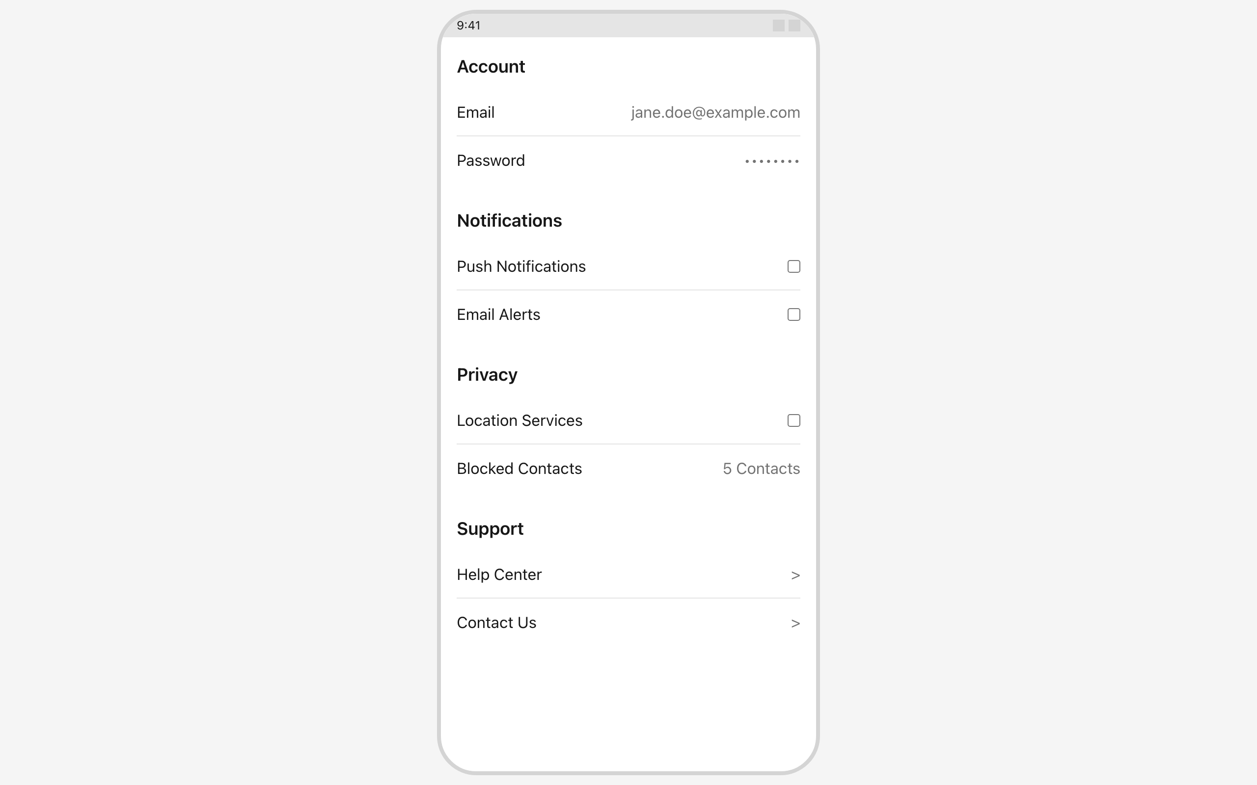 Wireframe example for Settings Screen with Groups