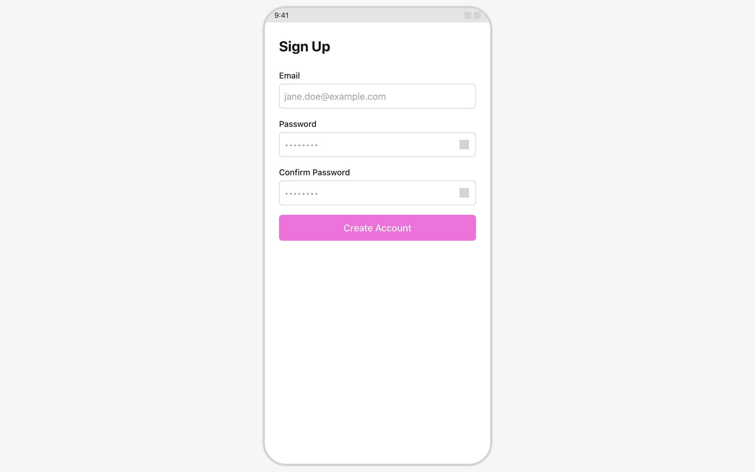 Wireframe example for Signup Form with Toggle Password Visibility