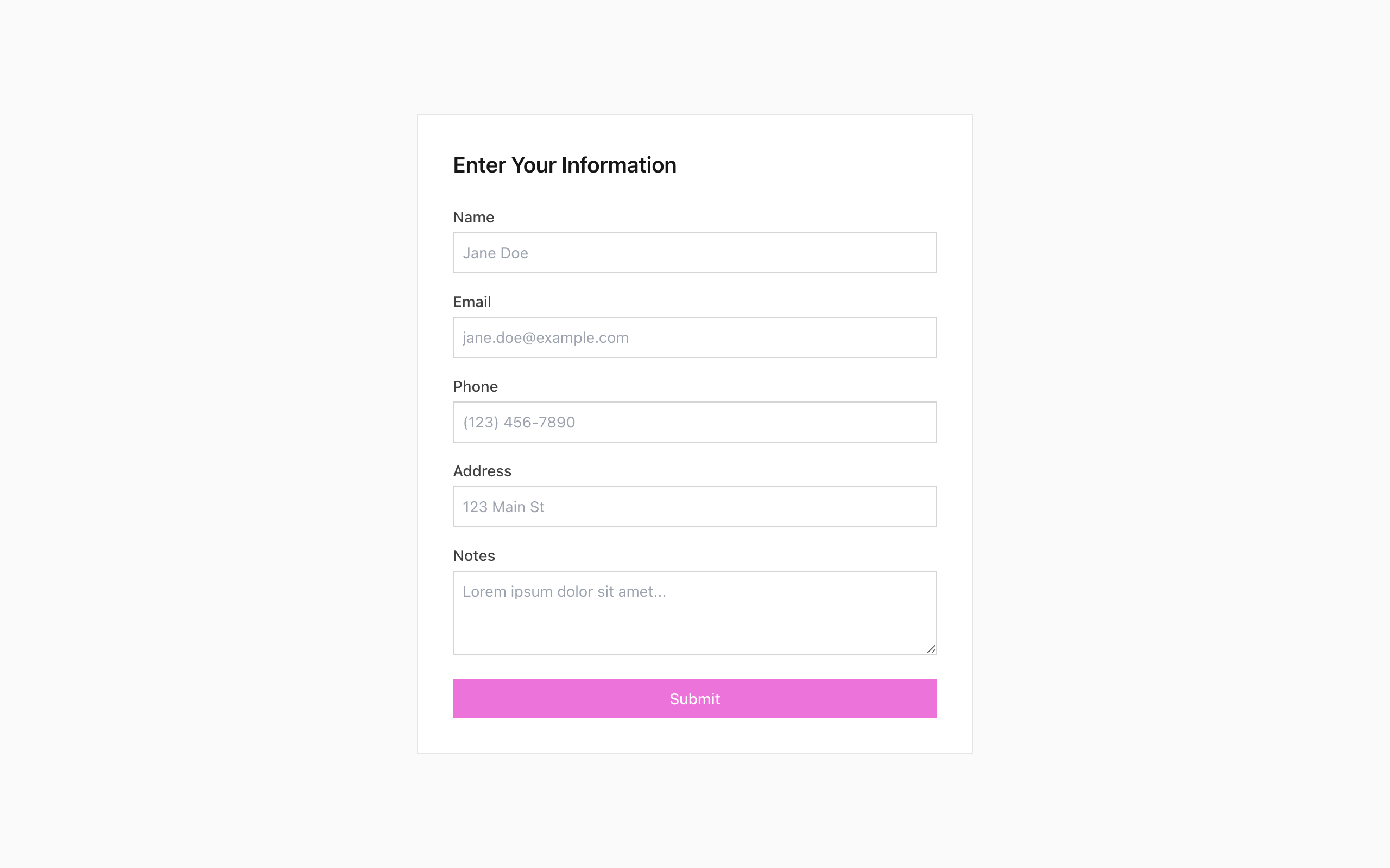 Wireframe example for Entering data