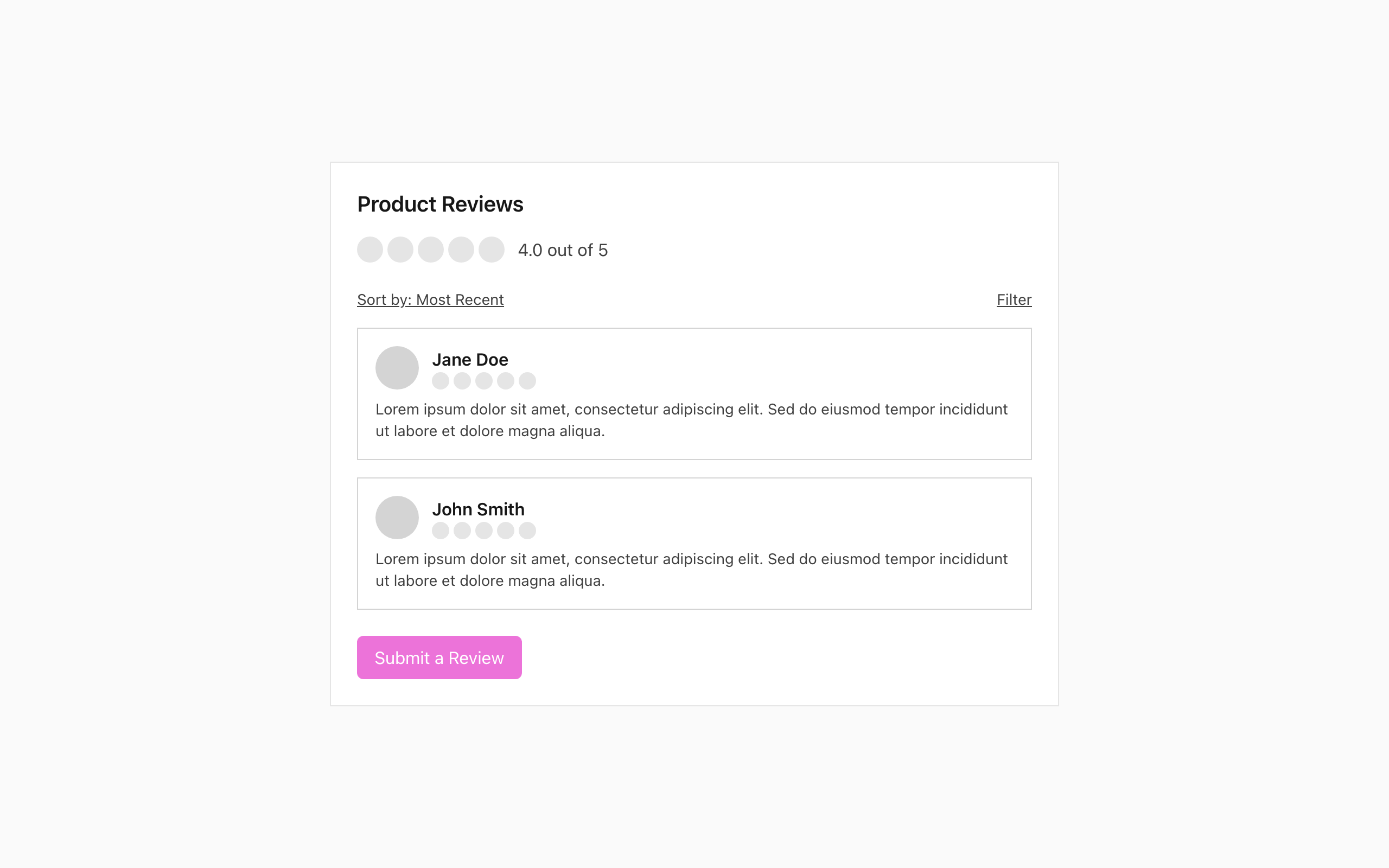 Wireframe example for Reviews & Ratings
