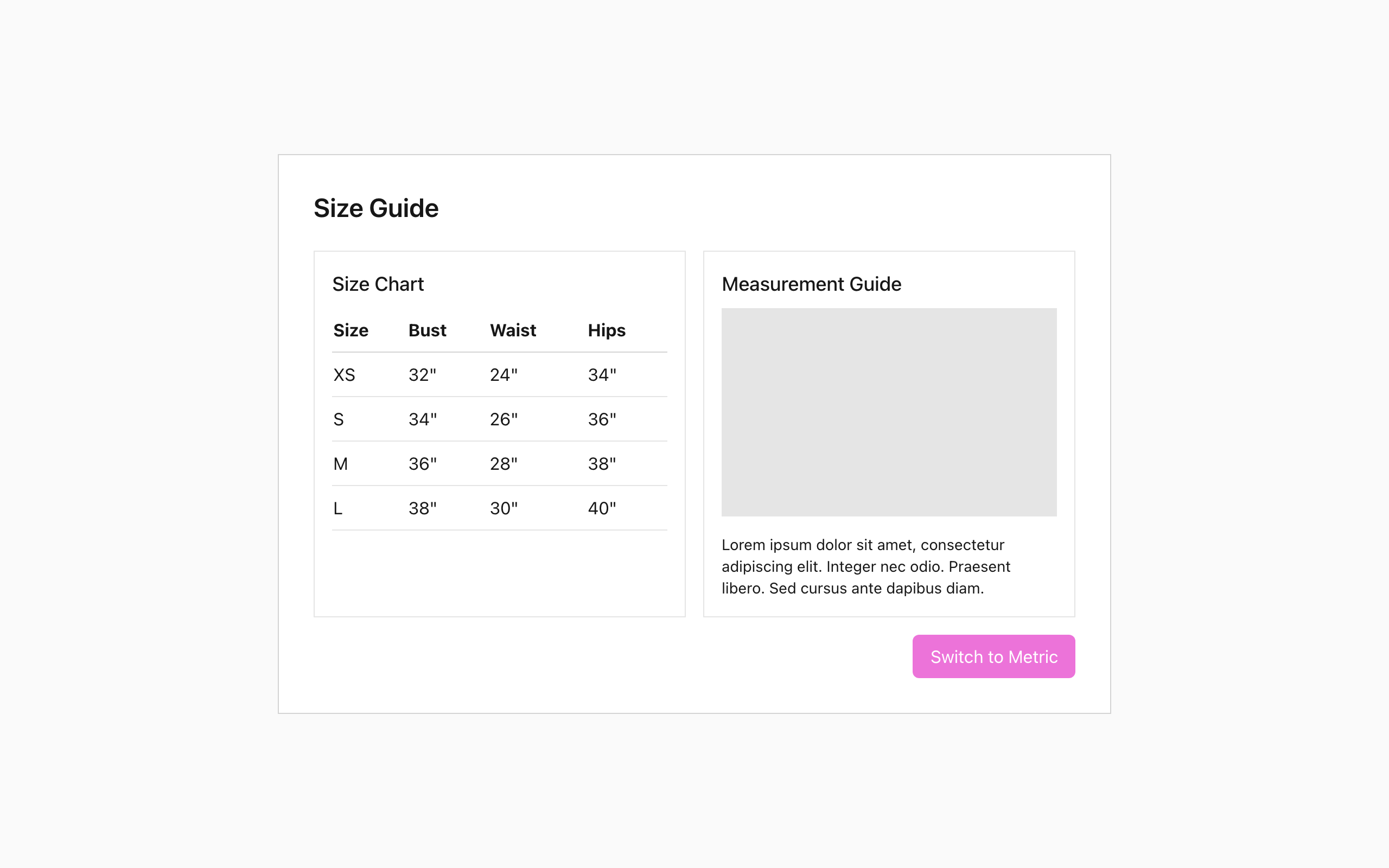 Wireframe example for Size Guide