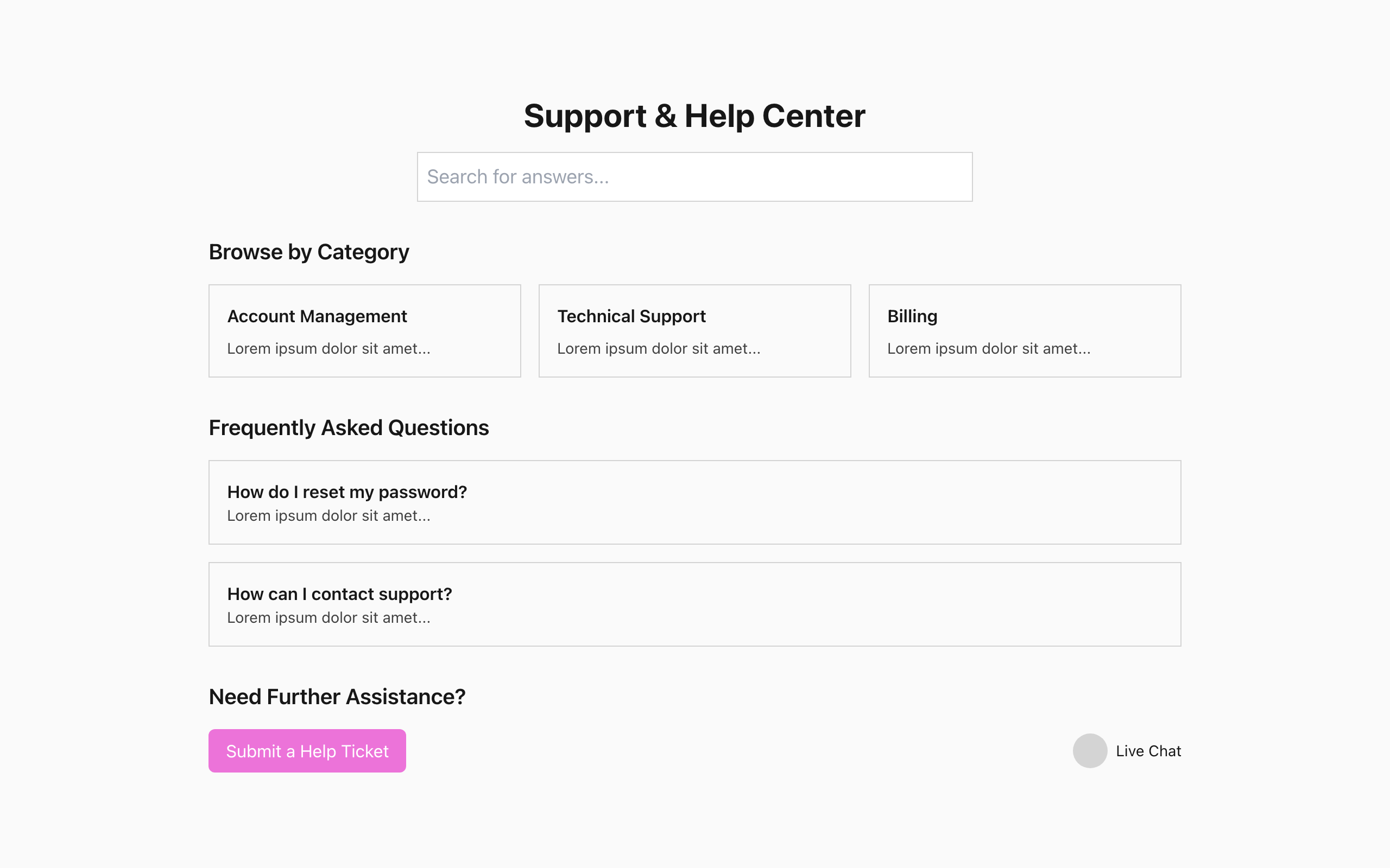 Wireframe example for Support & Help Center Page