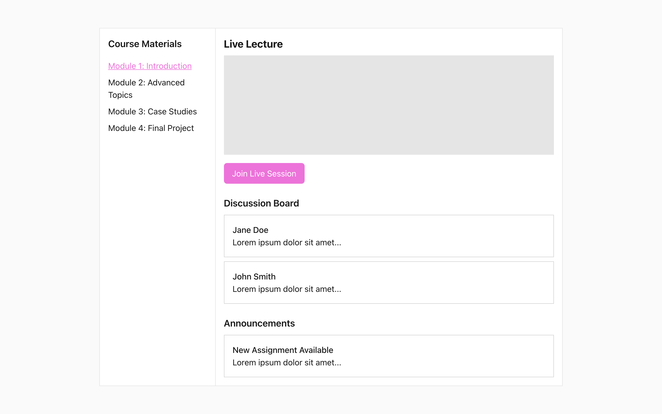 Wireframe example for Virtual Classroom Interface